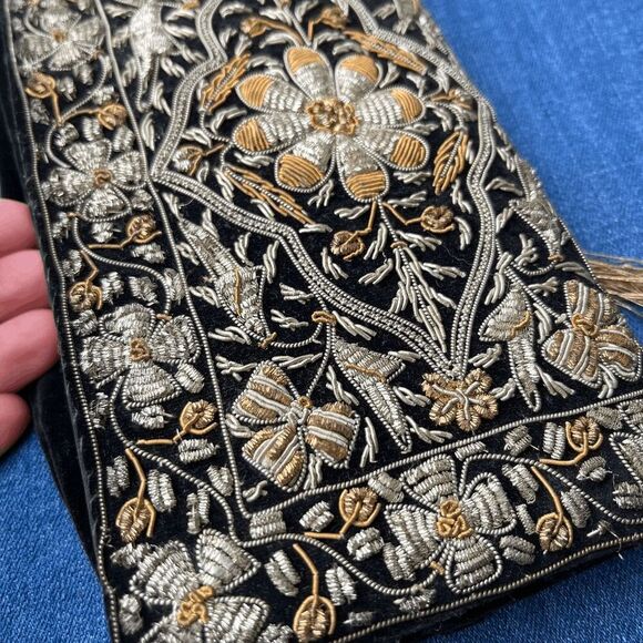 Vintage Hand-Embroidered Velvet Evening Clutch Made in India | Black & Gold - Picture 11 of 16